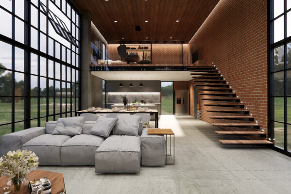 Modernes, offen gestaltetes Loft mit großer Glasfront, heller Wohnlandschaft, offener Küche und freitragender Holztreppe