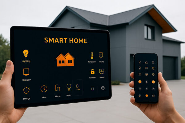 Tablet und Smartphone mit Smart-Home-Steuerung vor einem modernen Haus